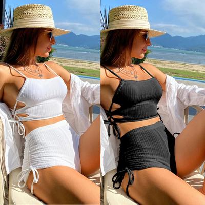 Plain Drawstring Bikini Swimsuit Women Two Piece Swimwear High Waist Bikini Set Summer Beach Bathing Suit