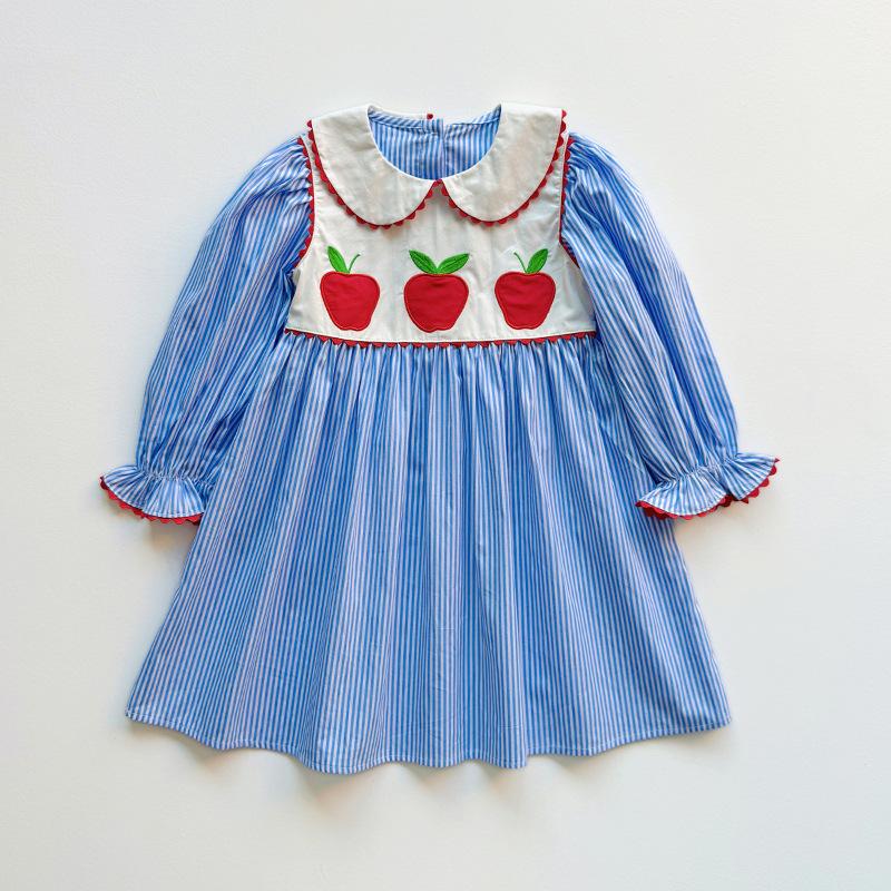 Spring Girls Cartoon Embroidered Dress With Peter Pan Collar Long Sleeve Elegant Children Skirt 90cm
