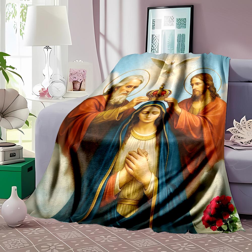 1PC Crowning of Mary Holy Spirit Faith-printed Flannel Blanket Soft and Warm Suitable for Home Travel Picnics Camping and RV