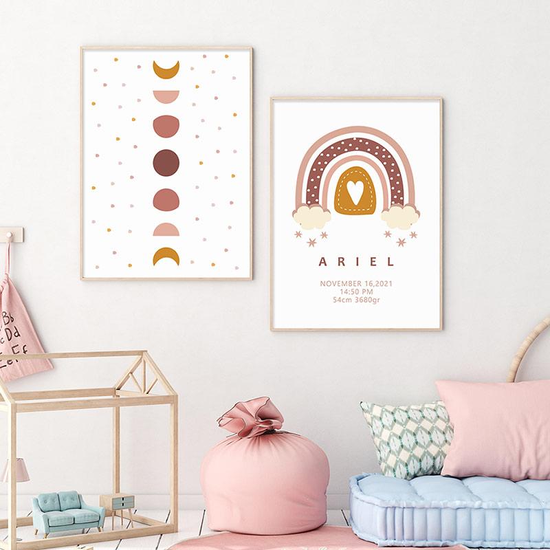 Cartoon Rainbow Custom Birth Data Initial Letter Nursery Canvas Paintings Wall Art Print Pictures Poster Child Room Home Decor