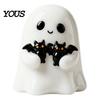 Handmade Resin Halloween Craft Ghost Figurine, Cute White Statue with Bats, Spooky Desk Decor Ornament for Home Mantel Tabletop Figurine