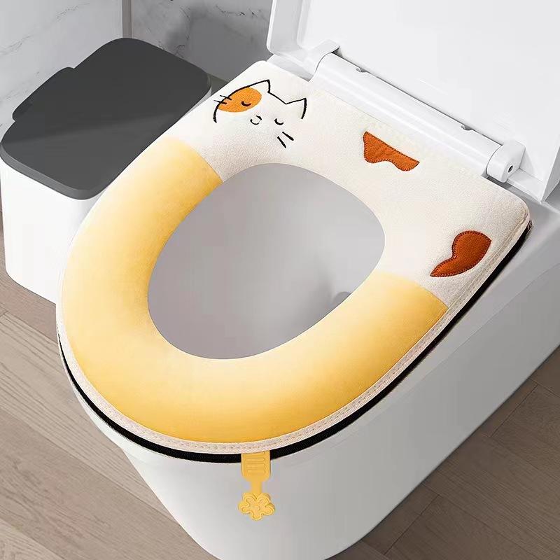 

New super soft cat bump color ribbon handle winter toilet cover embroidered toilet cover