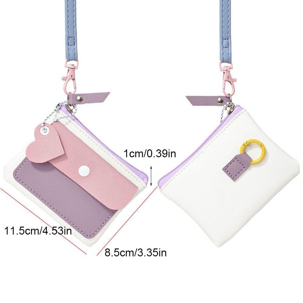 Simple Macaron Color Hanging Neck Wallet Lanyard PU Leather Zipper Coin Purse Card Bag Keychains Card Holder Women