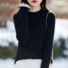Women's Black Ruffle Lace Knit Sweater - Semi-High Neck Top for Spring/Autumn 2025