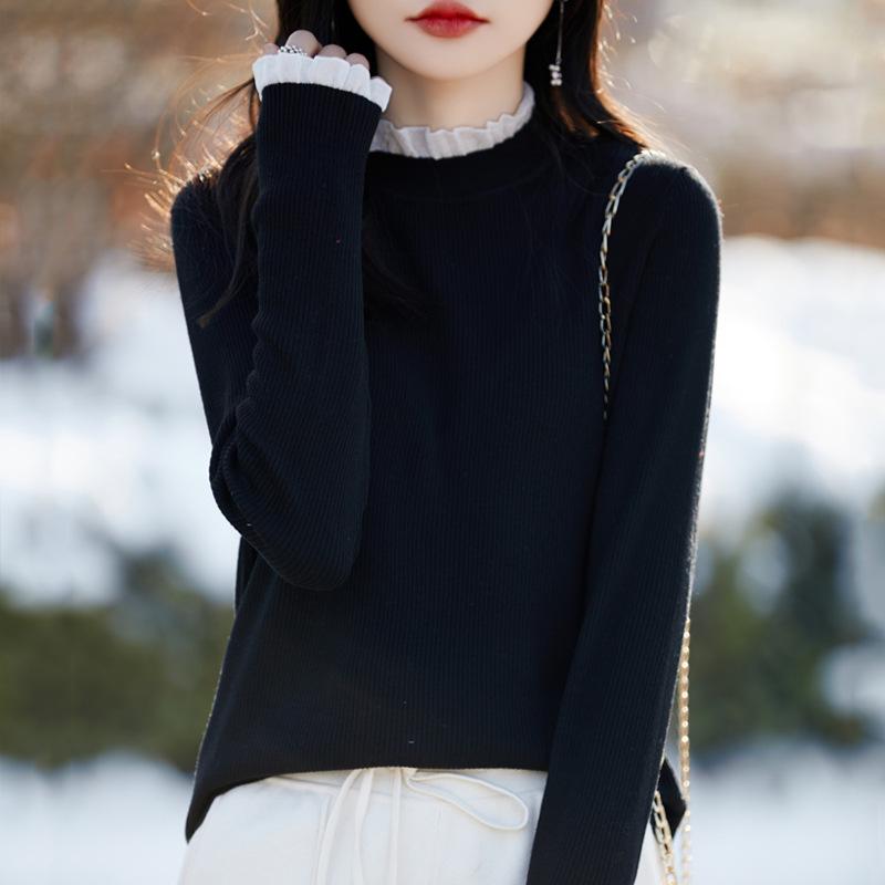 Women's Black Ruffle Lace Knit Sweater - Semi-High Neck Top for Spring/Autumn 2025