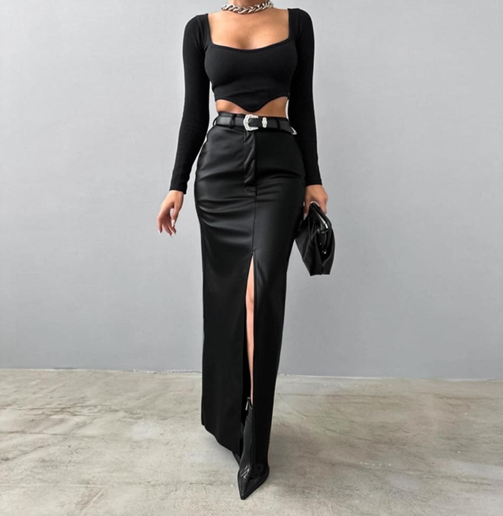 Fashionable PU Leather Solid Color Splicing Design Sense High Waist Slit Slim Fit Long Skirt