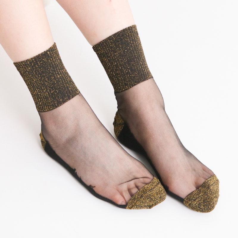 

Silver Glitter Crystal Silk Mid-Calf Women s Stockings with Cotton Bottom - Sheer Spring/Autumn Socks One Size