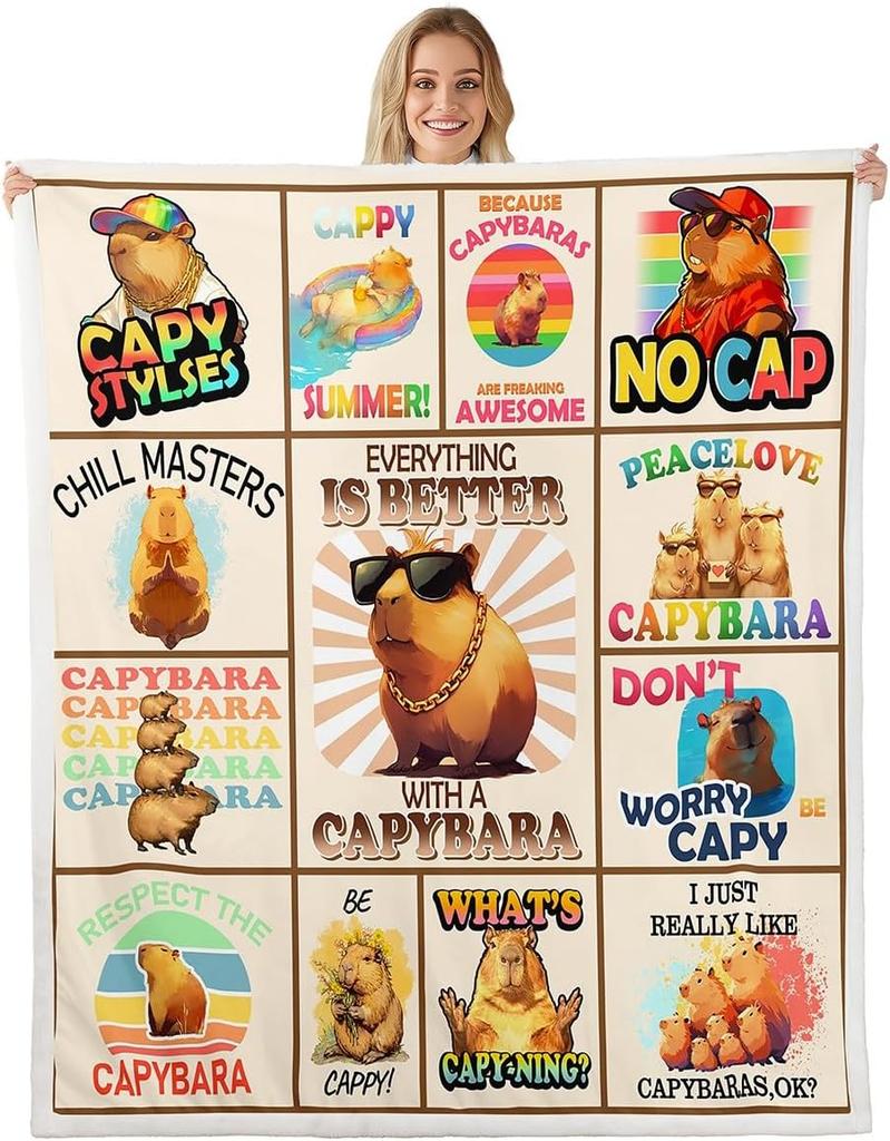 Cartoon Capybara Throw Blanket TwinCapybara BlanketCapybara Animals Lovers Fleece Blanket Kawaii Animals Sherpa Blanket