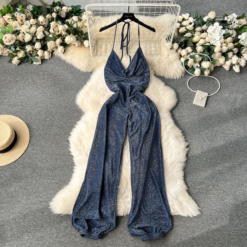 

Scheming Swing Collar Silm Bilibili Bright Silk Jumpsuit Blue M