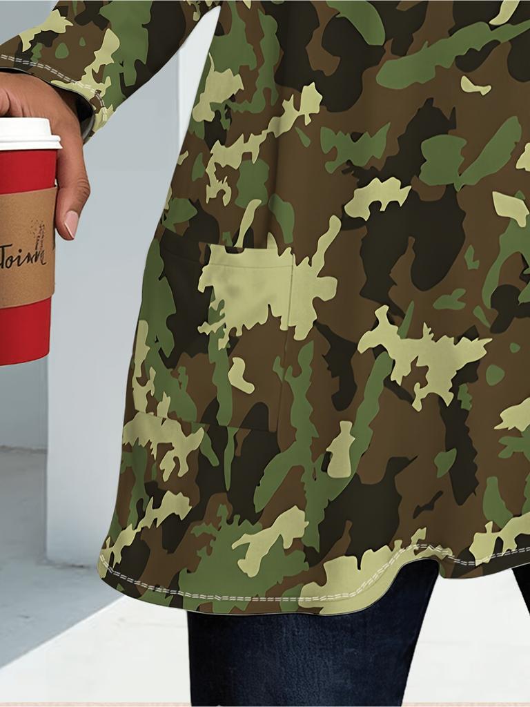 Large Size Women's Camouflage Print/Long Sleeve T-Shirt/Double Pocket/Fashion Crew Neck