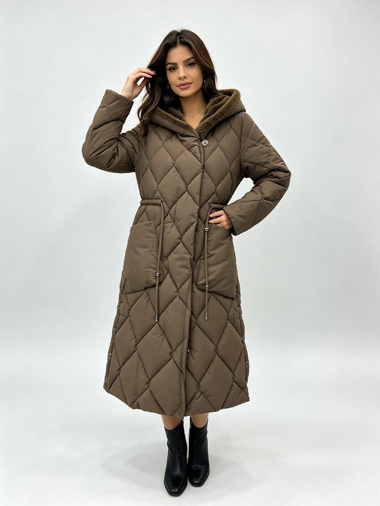 Europäische und amerikanische Winter-Damen-Mittel- und Langform, verdickt, Baumwolle, mit Kapuze, Kordelzug, figurbetont, vielseitig, Thermojacke