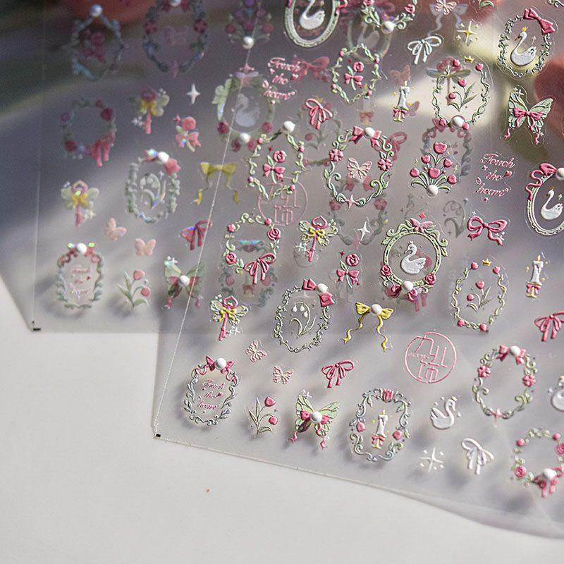 

Bright Crystal Swanflower Frame Nail Sticker New Arrival 5D Relief Japanese Style Adhesive Internet Celebrity Ins Nail Sticker 3D Decoration Embossed Swan Flower Frame 4520