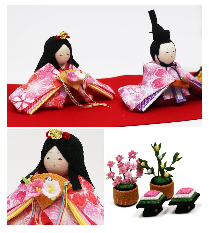 Osaka Choseido Original Compact Mini Hina Doll with Nameplate and Wooden Tag Chirimen Hina 32cm Flowing Water Cherry Blossom Design (Sent Separately)