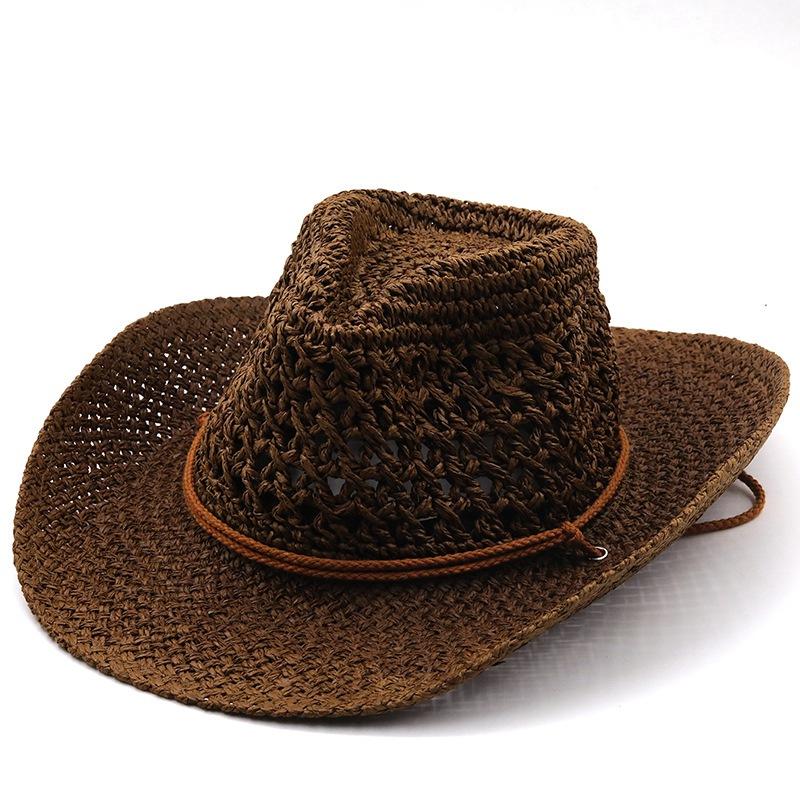 Hollow Out Unisex Shading Outdoor Wide Brim Cowboy Straw Hat Solid Color Fashion Sun Protection Beach Hat Summer Cap
