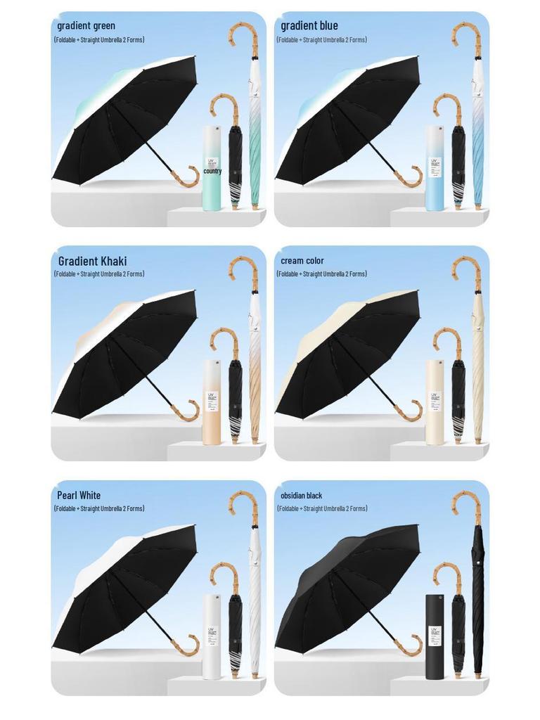 Bamboo Handle Two-Fold Umbrella - Lightweight Black UV Protection and Sunscreen Parasol