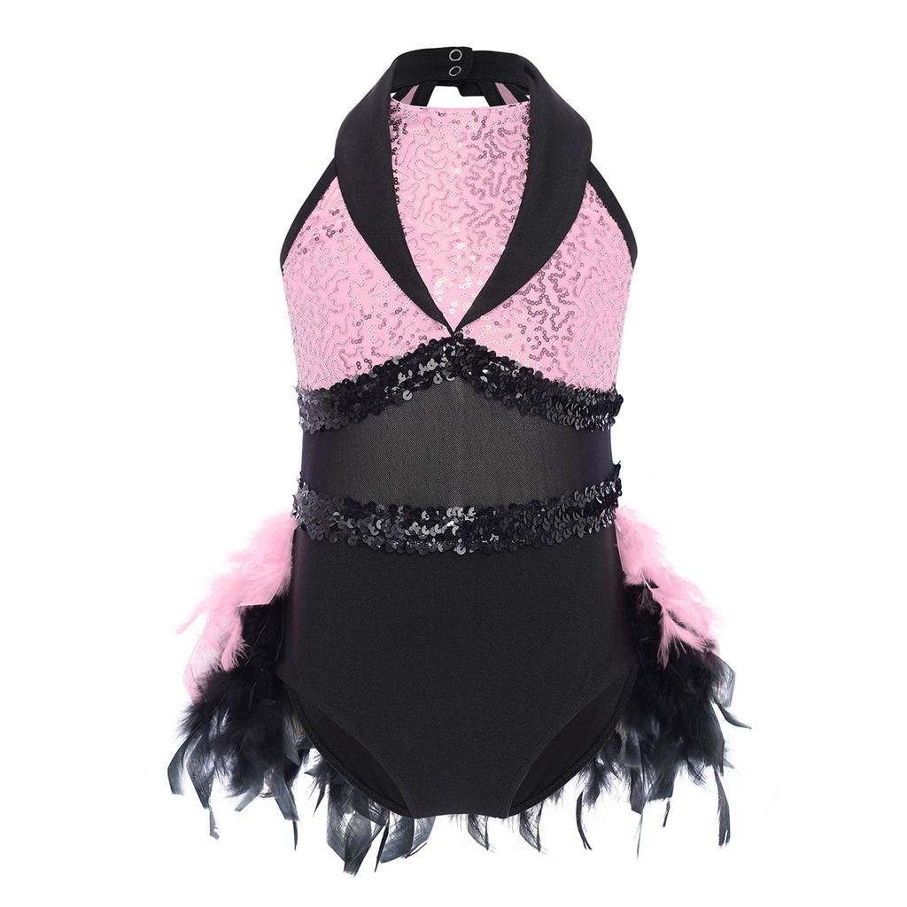 Girls Jazz Dance Dress Turn Down Collar Sleeveless Sheer Mesh Keyhole Back Shiny Sequins Color Block Feather Leotard