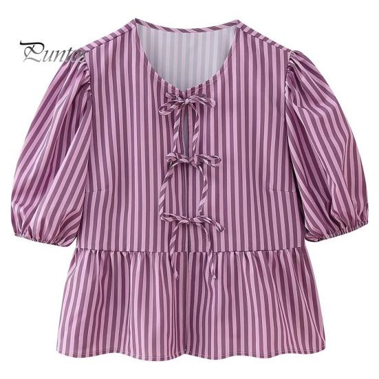 

Женский топ с рюшами на подоле и круглым вырезом, пышная рубашка с короткими рукавами и полосатым принтом, плиссированная блузка с галстуком-бабочкой спереди, уличная одежда L фиолетовый
