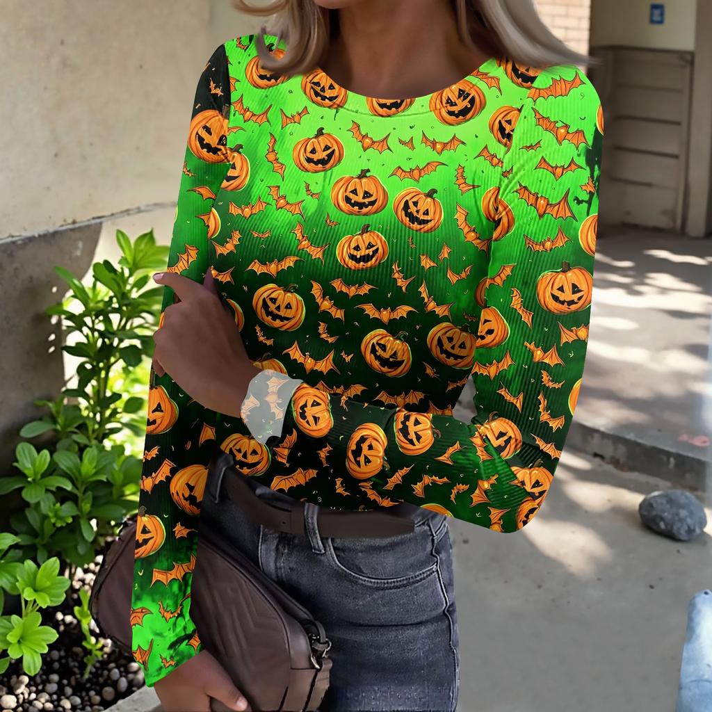 Women's Casual Long Sleeve Ribbed Knit Top Halloween Pumpkin Print Crew Neck Slim Fit Shirt for Fall Seasonal Wear