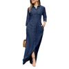 Elegant Women's Long Sleeve Denim Dress - Neutral Style Button-Down Maxi Dress with Lapel Collar and Pockets, Stylish Solid Color Long Dress for Casua