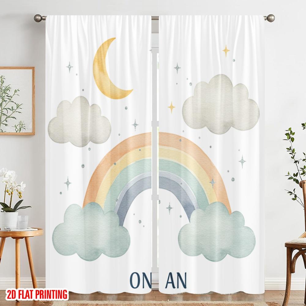 2pcs 2D Flat Printing Curtains Cute Rainbow Cloud Moon Polyester Without Electricity Party Decorations for Indoor Celebrations