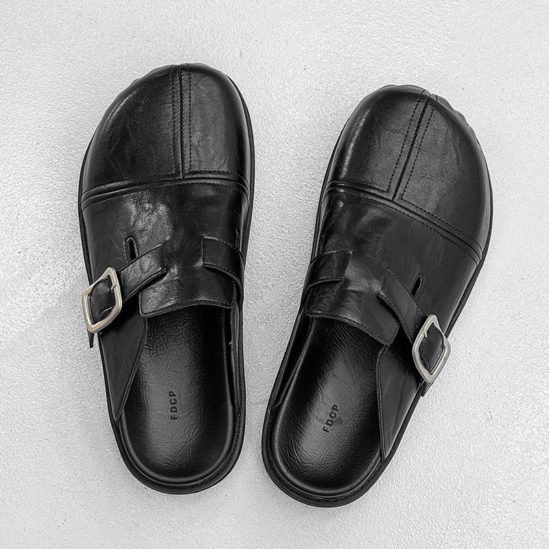 Big Head Premium Black Boken Shoes Heightened Platform Outer Wear One Pedal Retro Trendy Slippers 80521-J