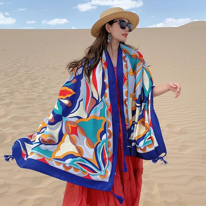 Design Brand Women Scarf Sunscreen Cotton Shawls Dual-Use Summer Autumn Long Scarves Seaside Holiday Beach Towel Beachwear Veils