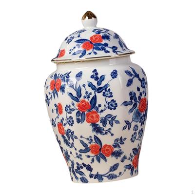 Antique Ceramic Ginger Jar Floral Arrangement with Lid Temple Handmade