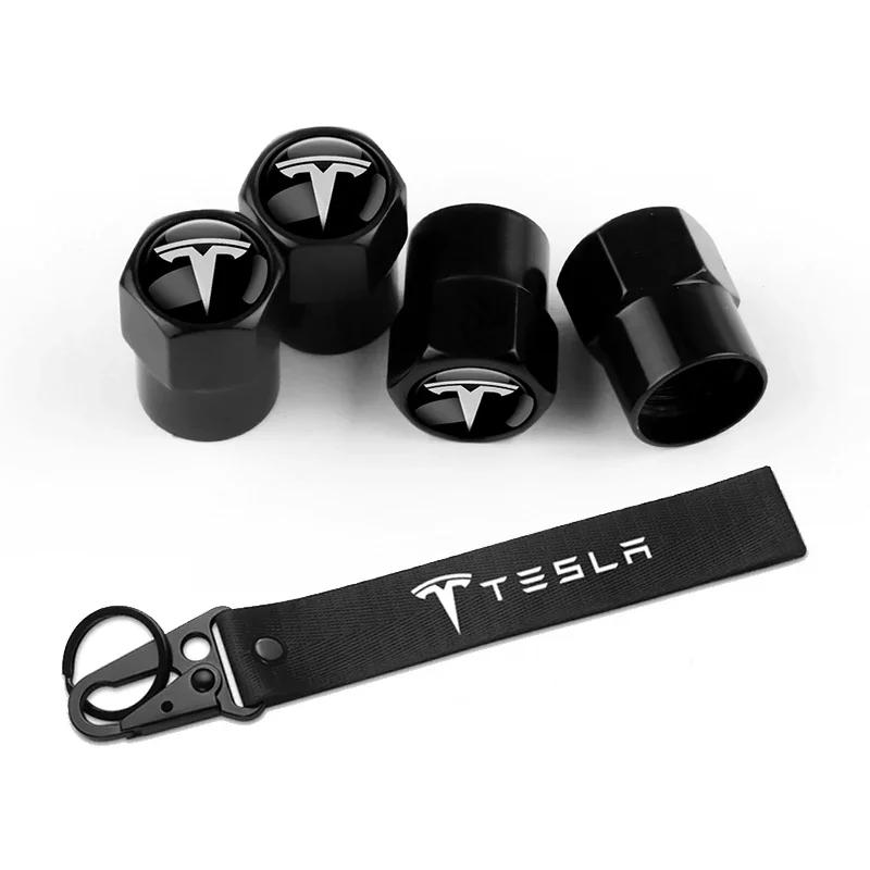 Bilklistermärke Tesla 4 st Bilhjul Däckventilhatt Nylon Nyckelring Snöre Nyckelringar För Tesla WYE Invader Juguete Modell 3 Y S X Spa