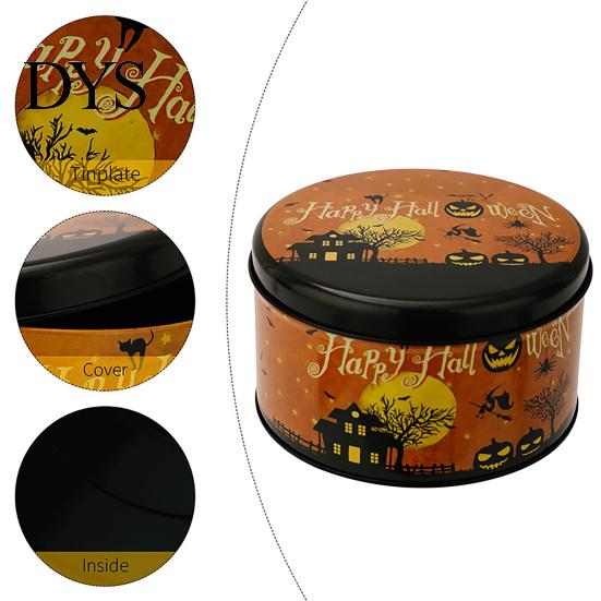 Small Metal Trinket Case Halloween Round Tin Box, Candy Cookie Storage Container with Pumpkin Witch Themed Gift Box Print, Spooky Party Favor Reusable