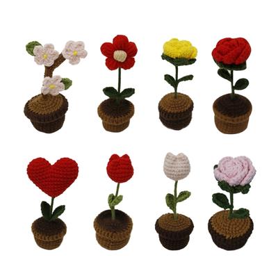Crochet Heart Shape Flower In Pots Knitted Wool Mini Flower Potted Plant Romantics Ornament for Valentines Day Gift