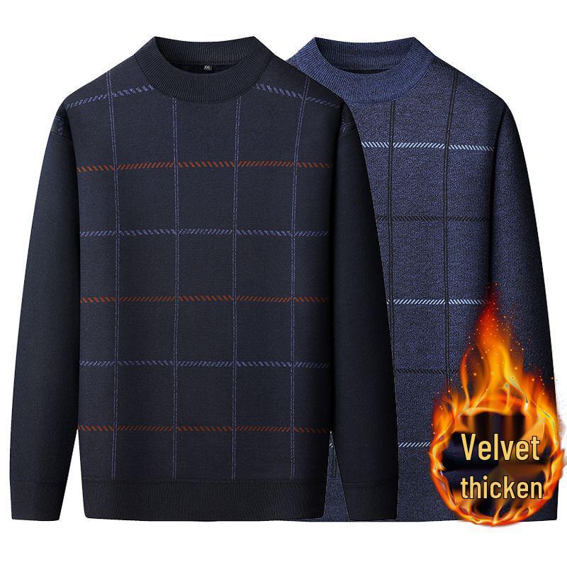 Dad's Warm Plaid Sweater for Middle-Aged & Elderly Men 50s 60s - Plus Velvet, Thick, Round Neck, Autumn & Winter Base Layer.