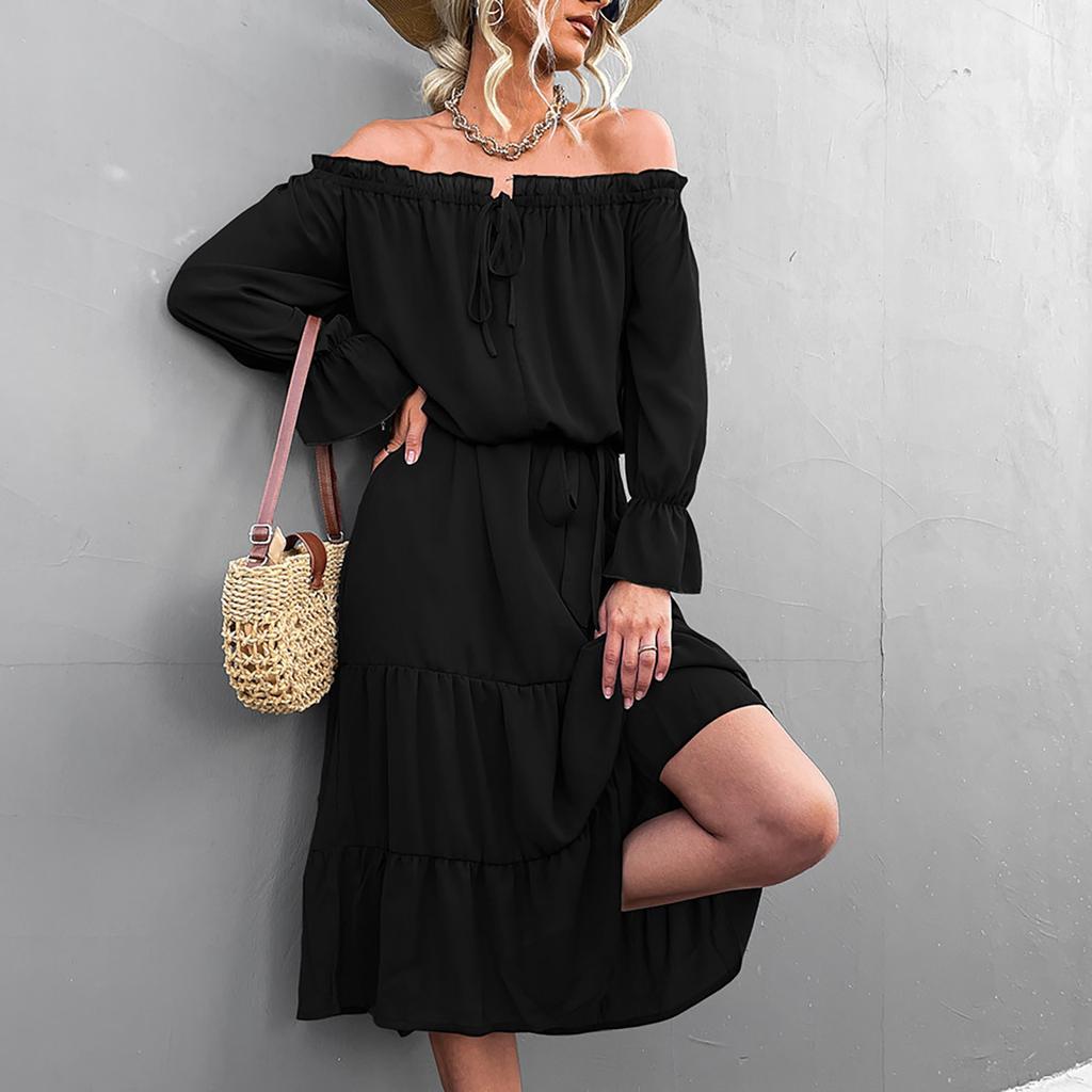 Women's Sexy Off Shoulder Lace-Up Long Sleeve Dress Midi Dress