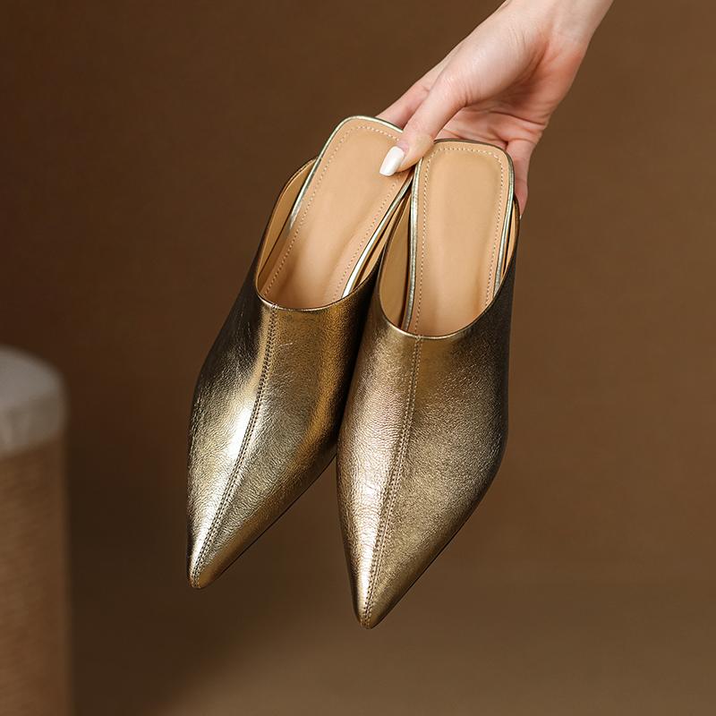 Fashion 2025 Women's New Spring/Summer Pointed Sheepskin Leather Genuine Leather Sheepskin Baotou Middle Heel Large Muller Half Slippers