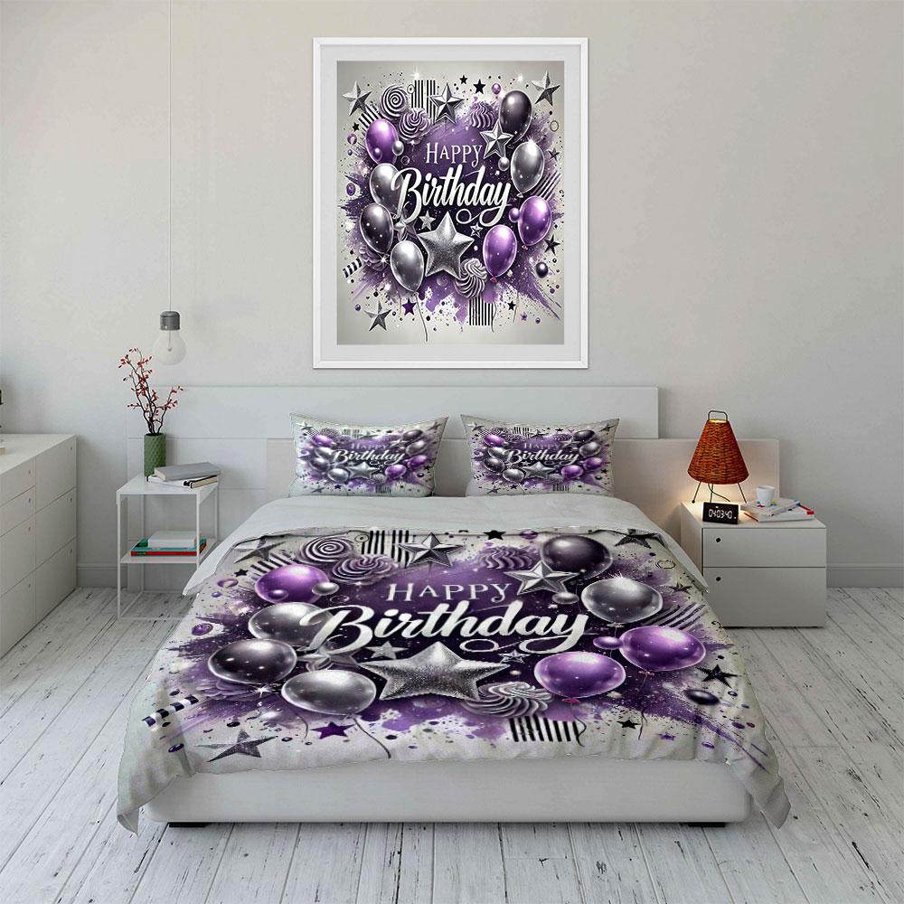 Purple Silver Birthday Design Bedding Duvet Cover Set Duvet Cover Pillowcases  (1*Duvet Cover 2*Pillowcases, Without Duvet Insert)