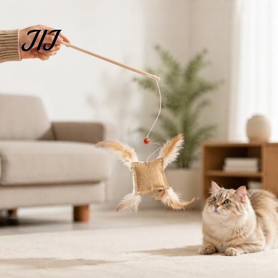 Cat Wand with Long Rope Toy Linen Bag, Interactive Bell, Exercise for Adult Cats Wooden Handle Feather Indoor Scratching Chasing Lure