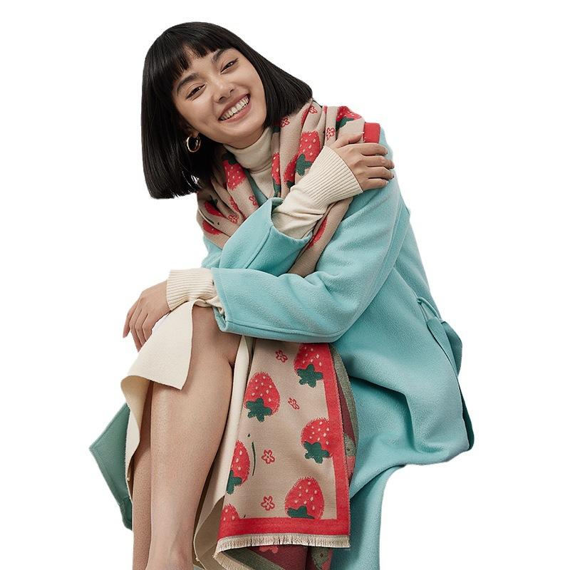 Korean Version Cute Strawberry Imitation Cashmere Scarf Women'S Long Travel Sunscreen Printed Fringed Medium Long Shawl