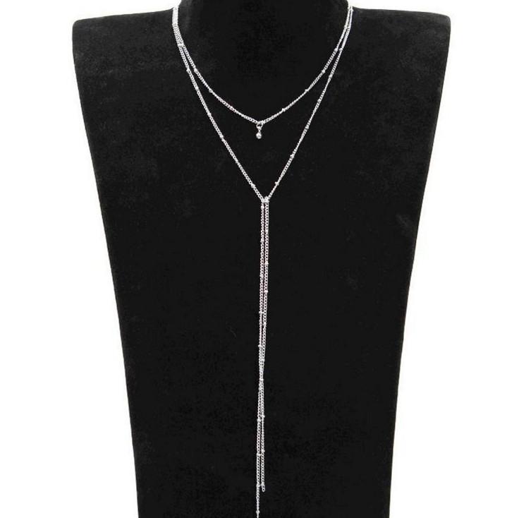 Gold Color Double Layered Long Tassel Chain Necklaces for Women Simple Metal Geometric Bead Choker Necklace Fashion Jewelry