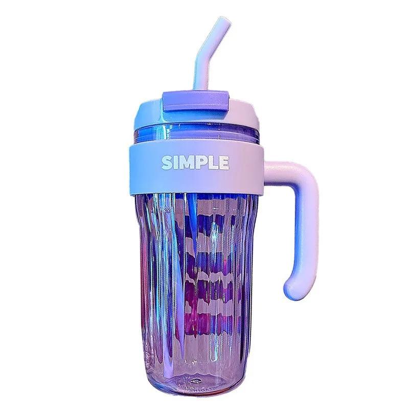 Capacity Plastic Simple Handy Large Cup Girl Office Mug Handle Straw Water Cup Couple Drinking Cup