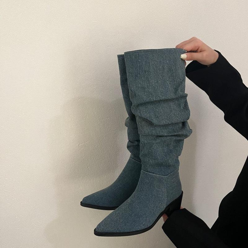 2025 autumn and winter new French retro stacking boots western cowboy boots long women's boots Korean version thick high heel