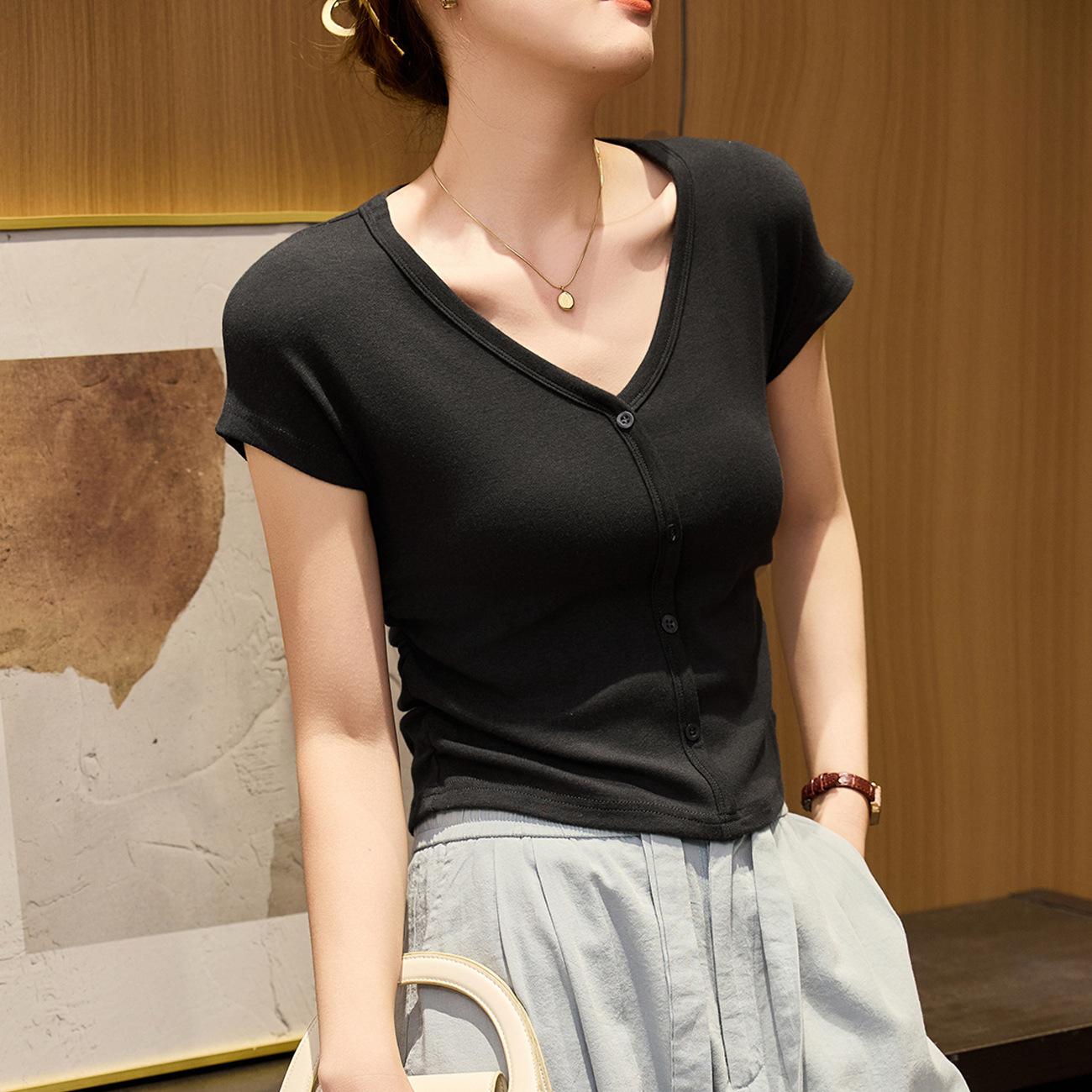 

Футболка из модального хлопка, приятная для кожи, с пуговицами, плиссировкой на талии, V-образным вырезом, для женщин, летняя, с короткими рукавами, тонкий топ 2XL