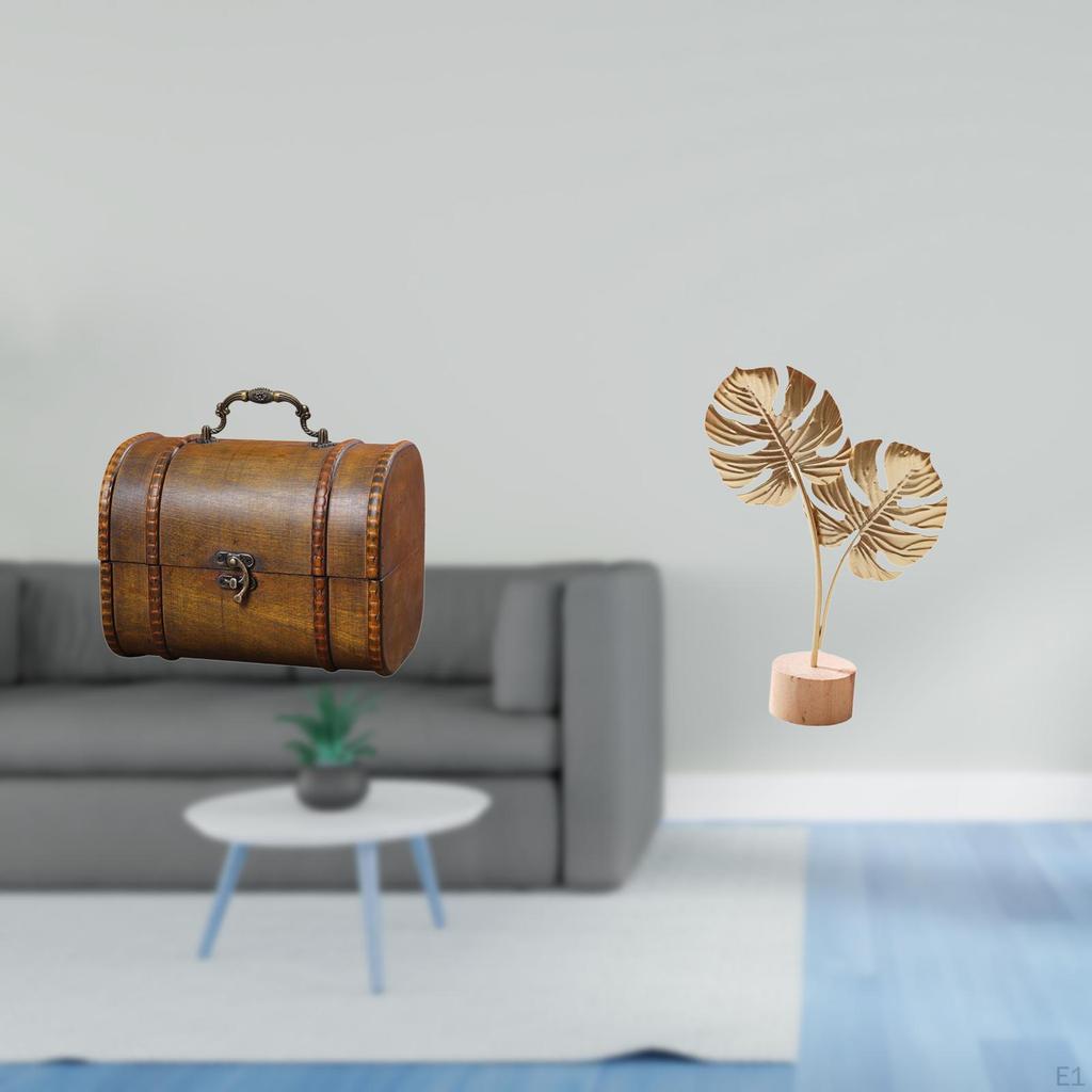 Vintage Wooden Jewelry Box Organizer with Leaf Shaped Metal Sculpture Decorative Storage Chest for