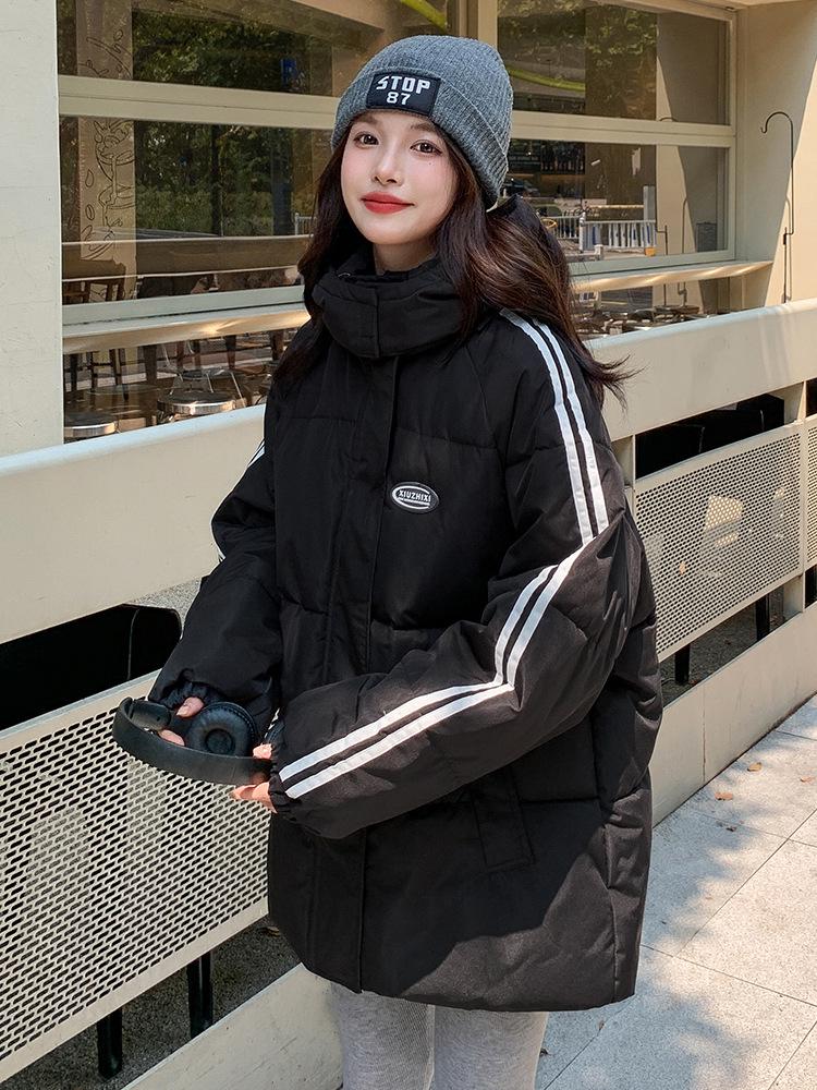 Women's 2024 Korean-Style Black Down Cotton Jacket - Winter Loose Fit, Trendy & Thickened for Students.