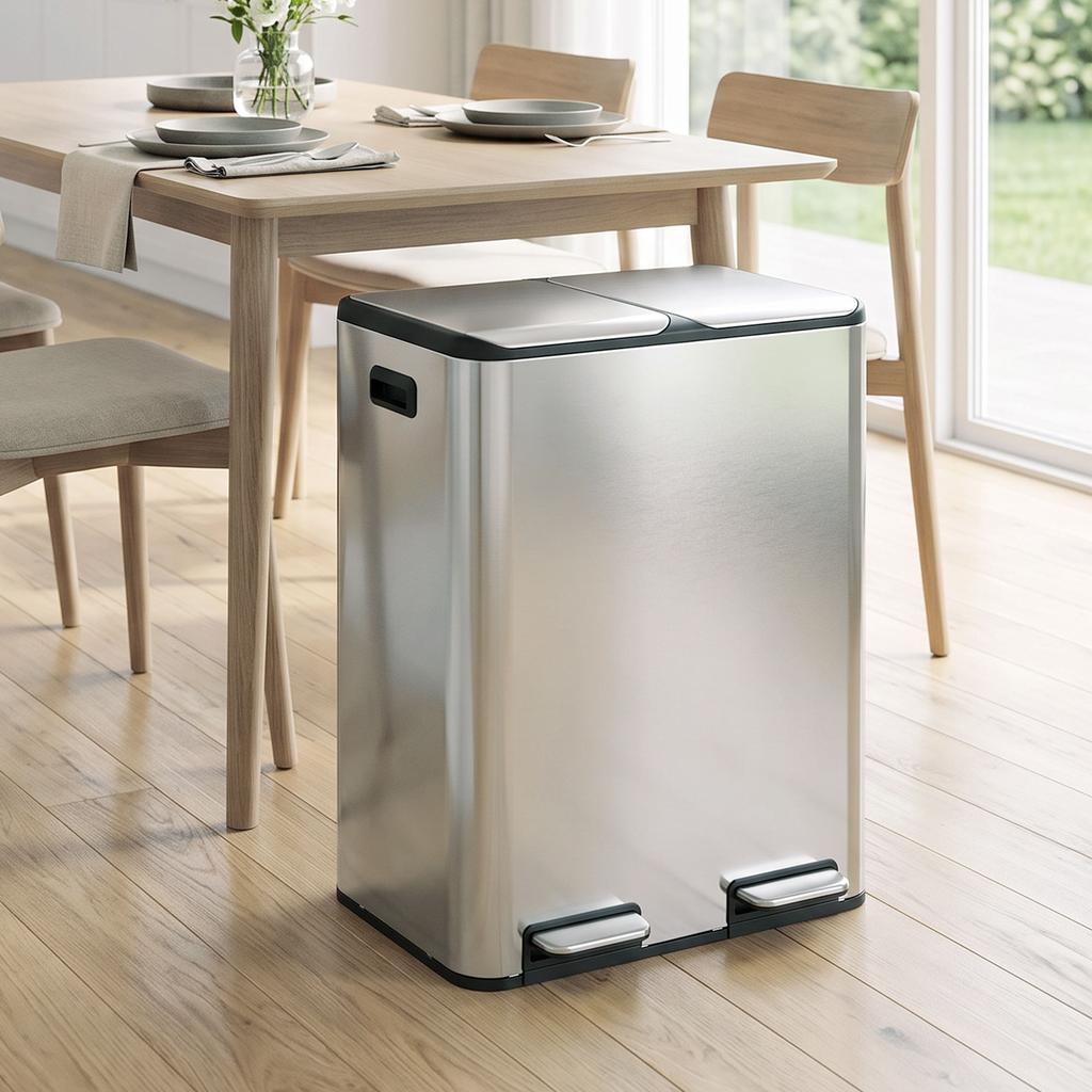 2 X 30L Double Kitchen Bin, Stainless Steel Pedal Rubbish Bin with Dual Compartments, Soft Close Lids, Silver Tone