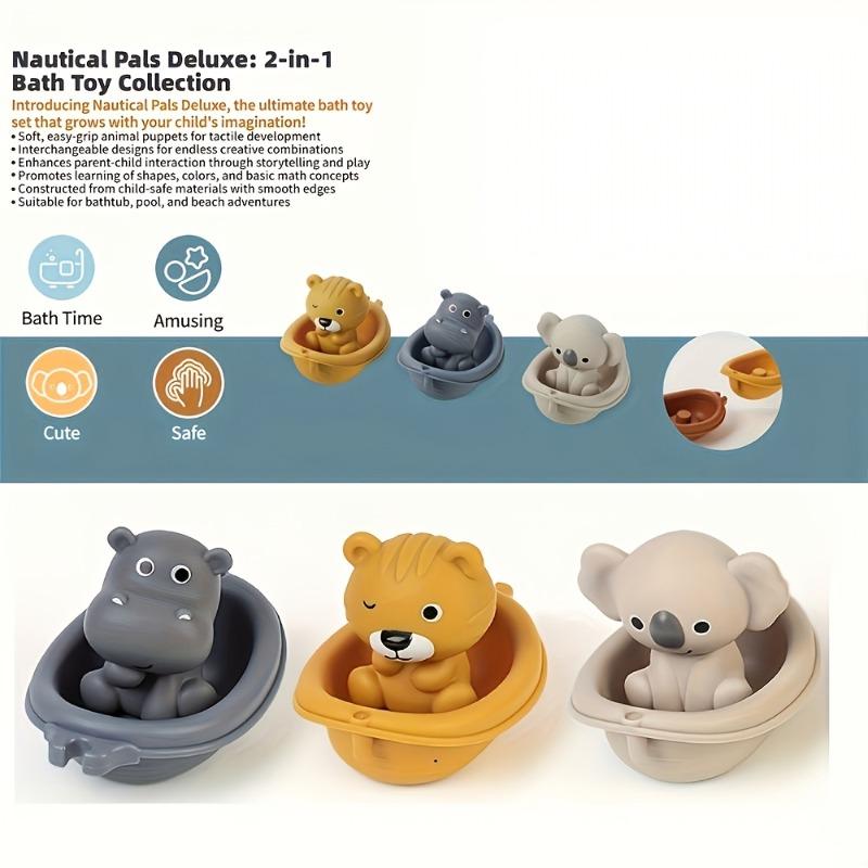 1/3Pcs Kids Bath Toys, Floating Animal & Stacking Boat Design, Squeeze Finger Puppets, Perfect for Holiday Gifts.