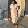 European and American Striped Lapel Single-breasted Shirt Dress for Women, African Minimalist Elegance, Mid-length Short-sleeve New Dress