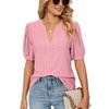 Summer Casual V-neck Solid Color Hollow Bubble Sleeve Loose T-shirt Top for Women Shirt