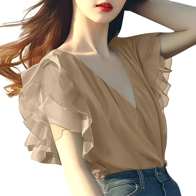 

ZANZEA Женская повседневная блузка с V-образным вырезом, оборками, короткими рукавами, свободного кроя, из шифона 5XL хаки