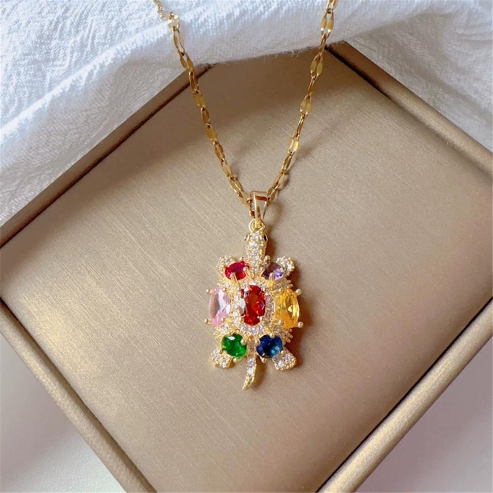 Cute Female Rainbow Zircon Stone Pendant Necklace Vintage Gold Color Wedding Jewelry For Women