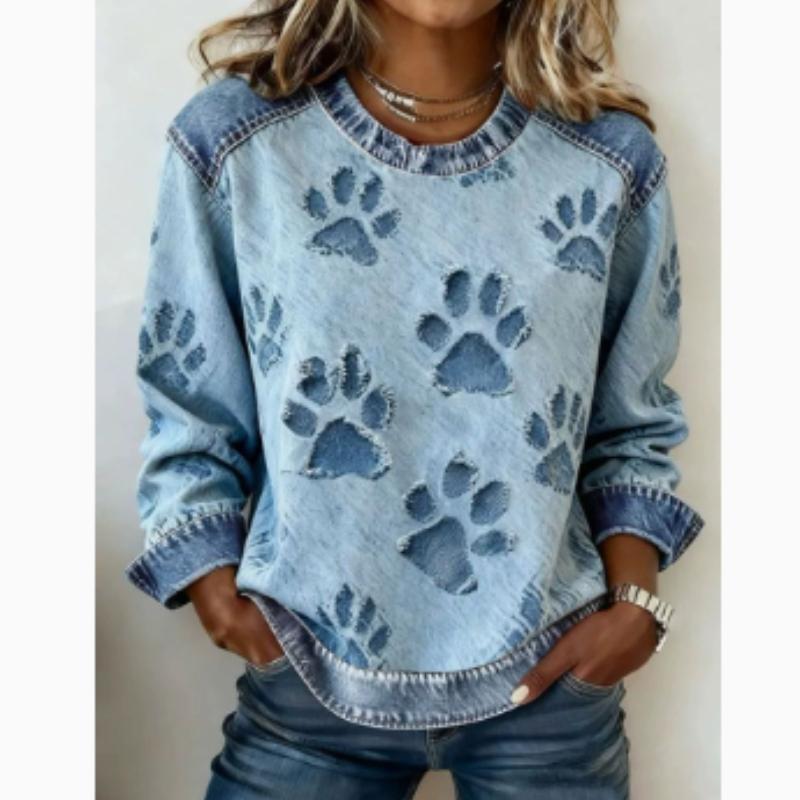 Europäische Und Amerikanische Damenbekleidung Neue Modelle Kariert Nachahmung Kunstdenim-Druck Rundhals Langarm T-Shirt( Nicht-Denim-Stoff)