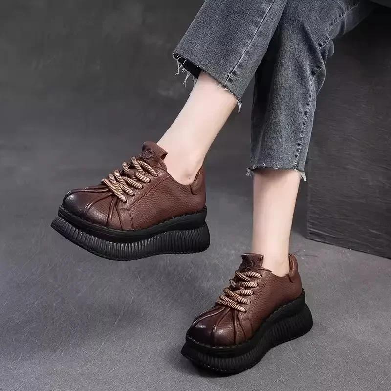 6.5 CM Thick Soled Heightening Pumps 2024 Spring And Autumn New Leather Lace-up Versatile Retro Women's Platform Casual Shoes